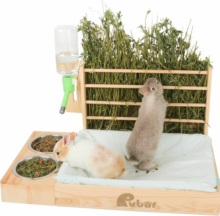 Small Animal Rubor | Rubor Rabbit Hay Feeder With Litter Box, 4 In 1 Wooden Feeder Toilet Combo Feeding Manger For Bunny And Guinea Pig, Small Animals Hay Rack Water Bottle Litter Pan And 2Pcs Bowls With 5Pcs Pee Pads