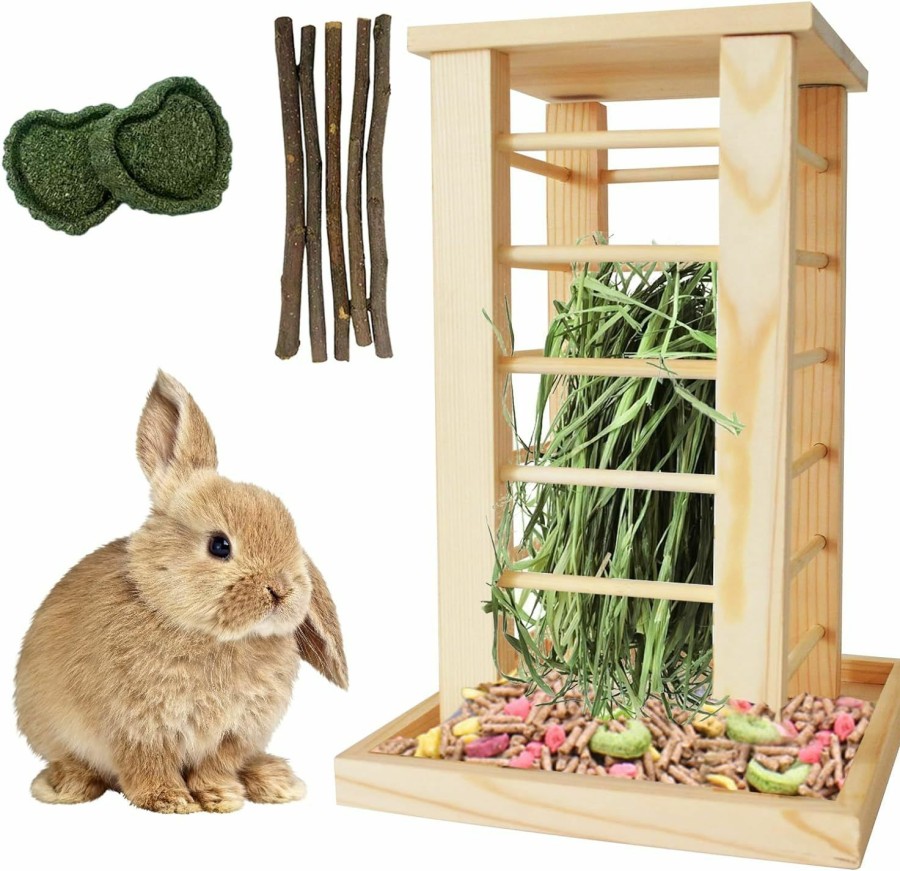 Small Animal kathson | Kathson Rabbit Feeder Wooden Rack Bunny Hay Box Feeder Rabbits Wood Grass Holder Standing Less Waste Food Feeding Hay Manger Guinea Pig Hay Dispenser For Small Animals Chinchillas Hamsters