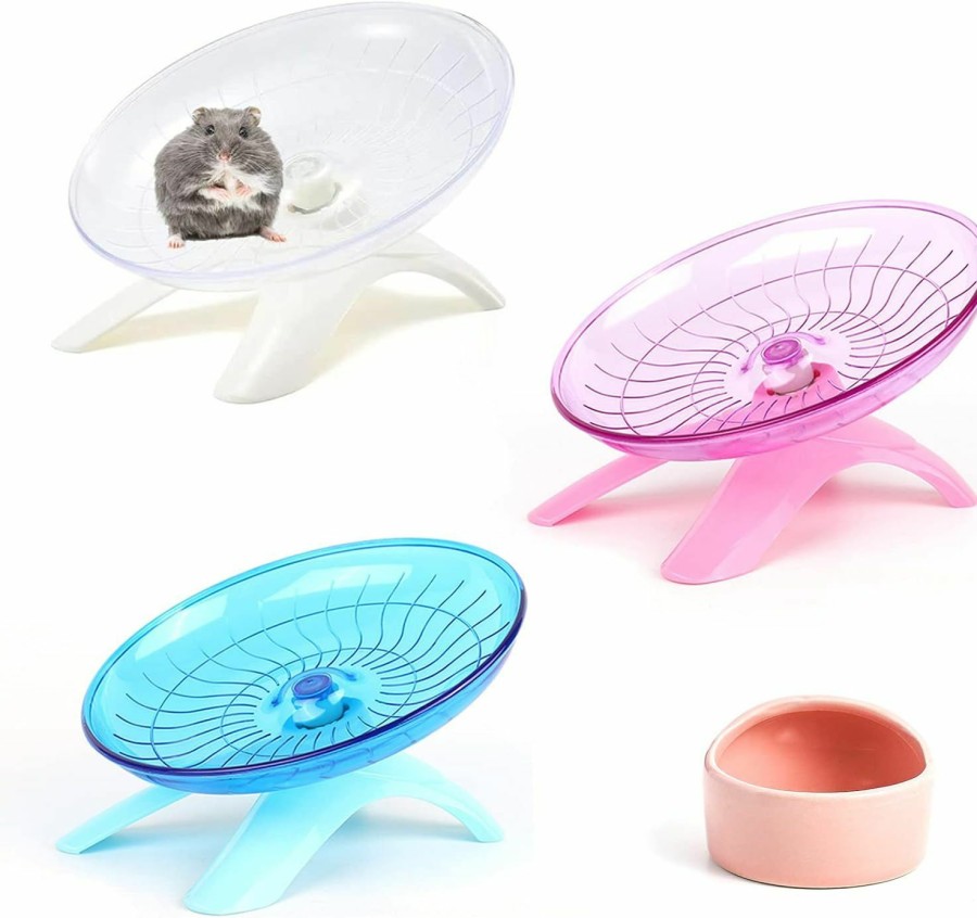 Small Animal Lucky Interests | Lucky Interests 3 Pcs Hamster Flying Saucer, Silent Running Exercise Wheel, Jogging Spinner Wheel Cage Toy With Food Bowl For Dwarf Hamster Syrian Hamster Hermit Crab (White+Dark Pink+Dark Blue)